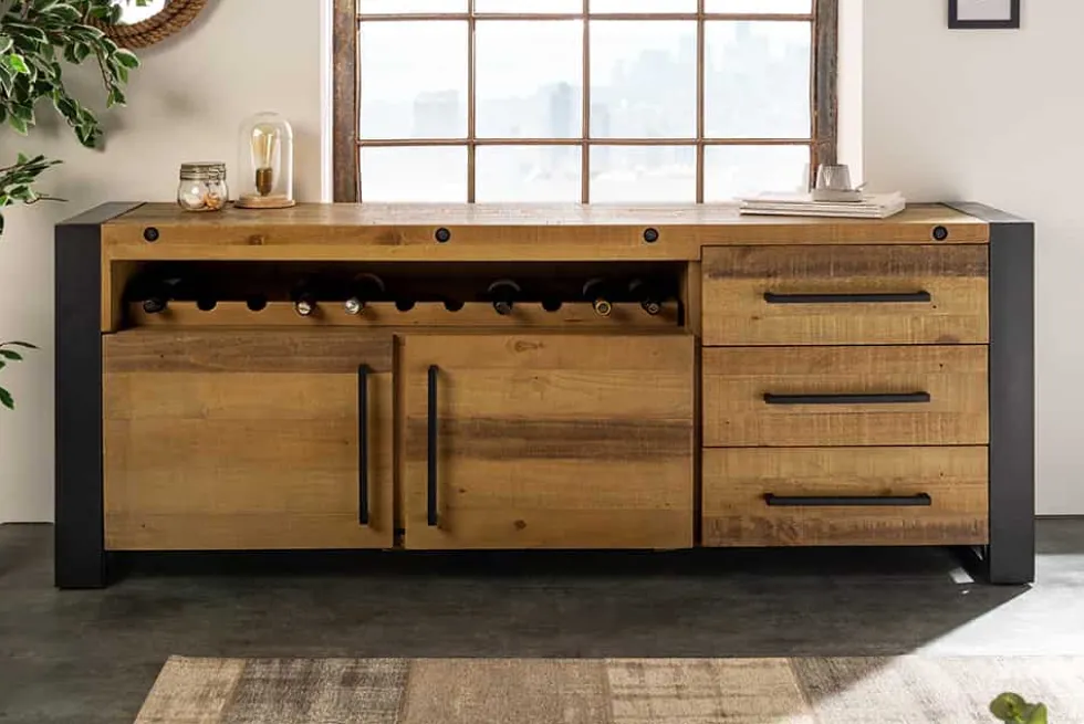 Massivholz Sideboard THOR 195cm braun Pinie mit Schubladen Weinregal Industrial Design