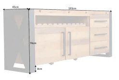 Massivholz Sideboard THOR 195cm braun Pinie mit Schubladen Weinregal Industrial Design