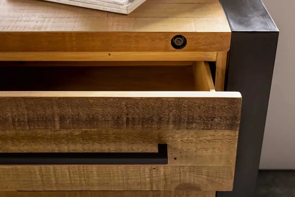 Massivholz Sideboard THOR 195cm braun Pinie mit Schubladen Weinregal Industrial Design