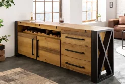 Massivholz Sideboard THOR 195cm braun Pinie mit Schubladen Weinregal Industrial Design