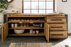 Massivholz Sideboard THOR 195cm braun Pinie mit Schubladen Weinregal Industrial Design