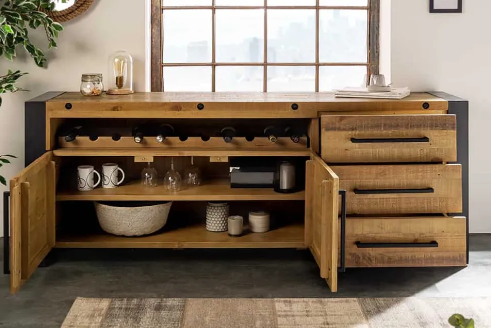 Massivholz Sideboard THOR 195cm braun Pinie mit Schubladen Weinregal Industrial Design