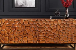 Massivholz Sideboard VULCANO 180cm braun Mangoholz mit 3D Schnitzereien handmade Metallgestell schwarz