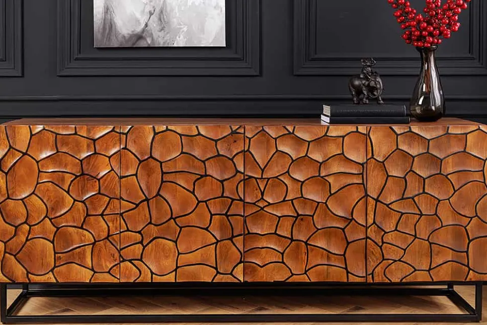 Massivholz Sideboard VULCANO 180cm braun Mangoholz mit 3D Schnitzereien handmade Metallgestell schwarz