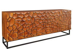 Massivholz Sideboard VULCANO 180cm braun Mangoholz mit 3D Schnitzereien handmade Metallgestell schwarz