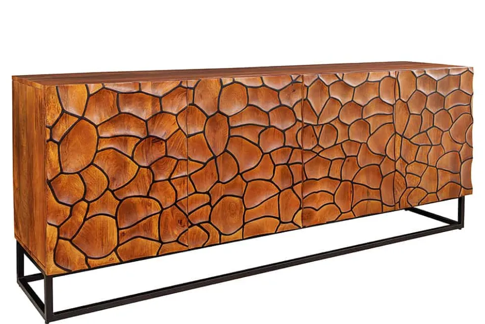 Massivholz Sideboard VULCANO 180cm braun Mangoholz mit 3D Schnitzereien handmade Metallgestell schwarz