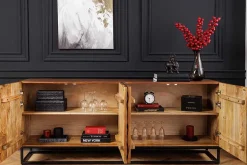 Massivholz Sideboard VULCANO 180cm braun Mangoholz mit 3D Schnitzereien handmade Metallgestell schwarz