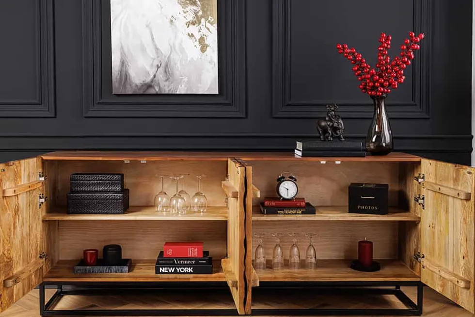 Massivholz Sideboard VULCANO 180cm braun Mangoholz mit 3D Schnitzereien handmade Metallgestell schwarz