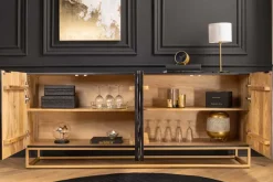 Massivholz Sideboard VULCANO 180cm weiß schwarz Mangoholz mit 3D Schnitzereien handmade Metallgestell gold