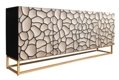 Massivholz Sideboard VULCANO 180cm weiß schwarz Mangoholz mit 3D Schnitzereien handmade Metallgestell gold