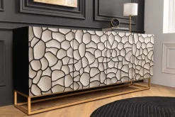 Massivholz Sideboard VULCANO 180cm weiß schwarz Mangoholz mit 3D Schnitzereien handmade Metallgestell gold
