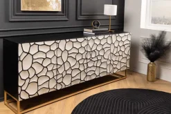 Massivholz Sideboard VULCANO 180cm weiß schwarz Mangoholz mit 3D Schnitzereien handmade Metallgestell gold
