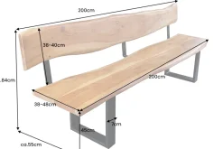 Massivholz Sitzbank MAMMUT 200cm natur Akazie Baumkante mit Lehne schwarzes Metallgestell