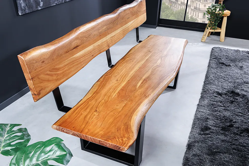 Massivholz Sitzbank MAMMUT 160cm natur Akazie Baumkante mit Lehne schwarzes Metallgestell