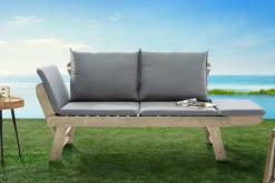 Massivholz Sitzbank MODULAR 155-190cm grau Akazie inkl. Kissen Gartenbank klappbar