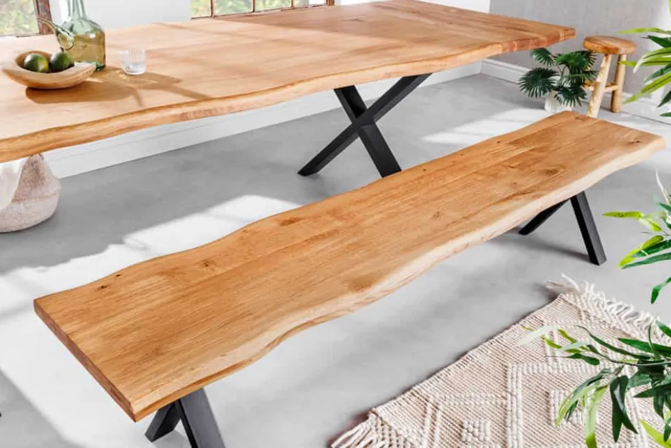 Massivholz Sitzbank WILD OAK 160cm Eiche Baumkante X-Gestell Industrial