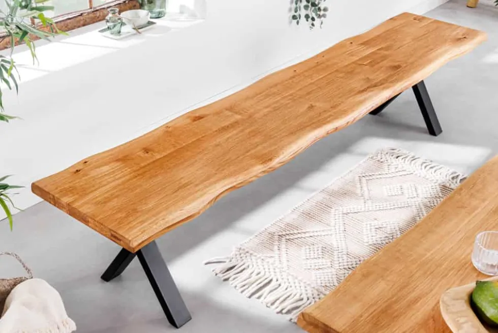 Massivholz Sitzbank WILD OAK 160cm Eiche Baumkante X-Gestell Industrial