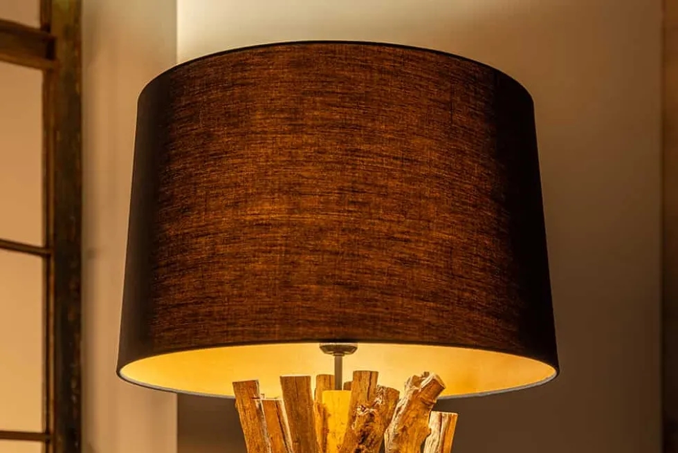 Massivholz Stehlampe HARMONY NATURE 151cm schwarz Teak mit Baumwollschirm