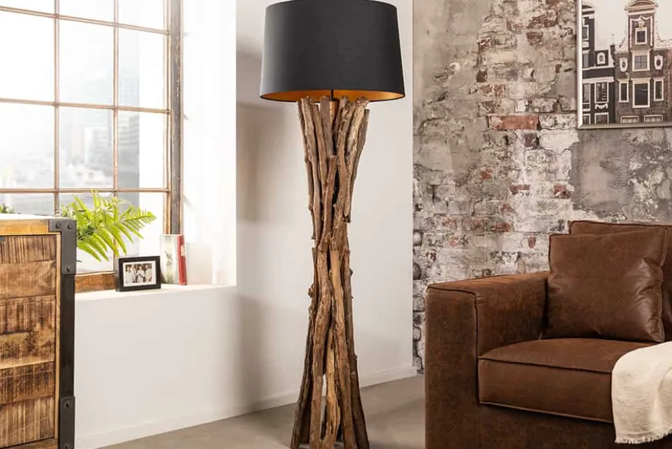 Massivholz Stehlampe HARMONY NATURE 151cm schwarz Teak mit Baumwollschirm