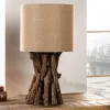 Massivholz Tischlampe HARMONY NATURE 50cm beige Teak mit Leinenschirm