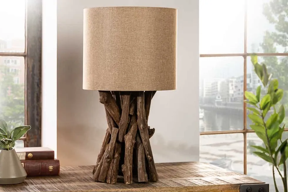Massivholz Tischlampe HARMONY NATURE 50cm beige Teak mit Leinenschirm