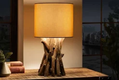 Massivholz Tischlampe HARMONY NATURE 50cm beige Teak mit Leinenschirm