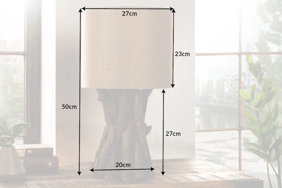 Massivholz Tischlampe HARMONY NATURE 50cm beige Teak mit Leinenschirm