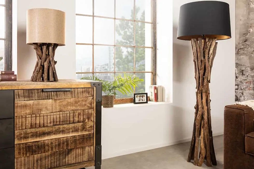 Massivholz Tischlampe HARMONY NATURE 50cm beige Teak mit Leinenschirm
