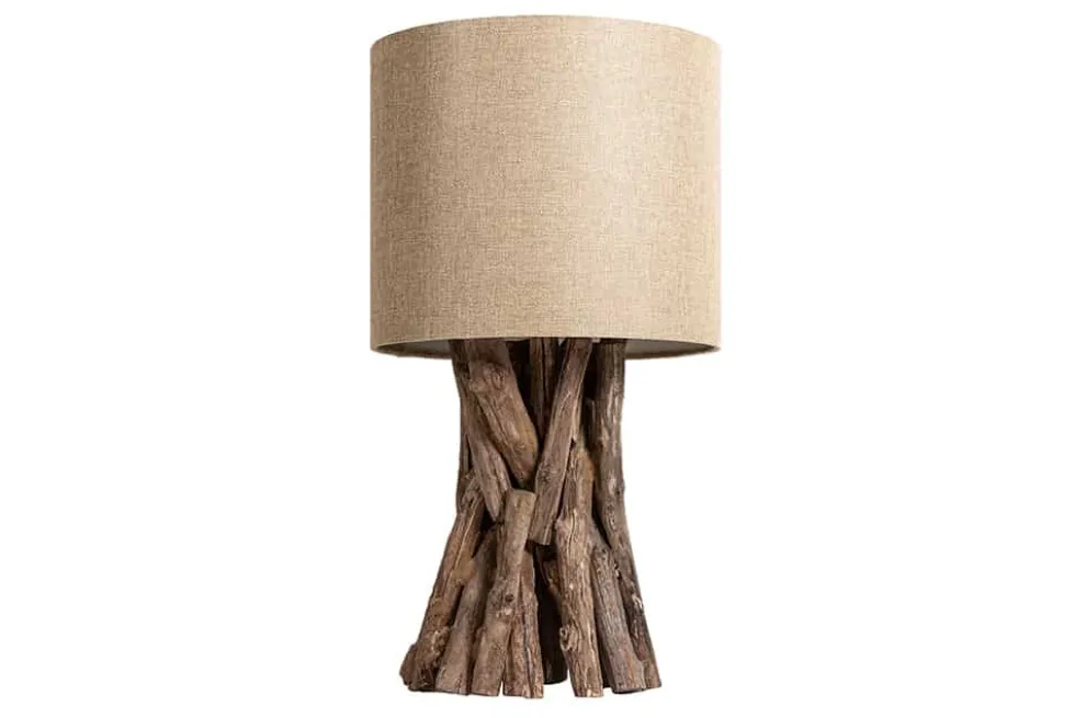 Massivholz Tischlampe HARMONY NATURE 50cm beige Teak mit Leinenschirm