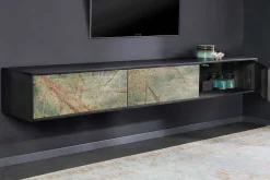 Massivholz TV Lowboard MOUNTAIN SOUL 200cm echter Naturstein Akazie schwarz hängend / stehend