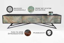 Massivholz TV Lowboard MOUNTAIN SOUL 200cm echter Naturstein Akazie schwarz hängend / stehend