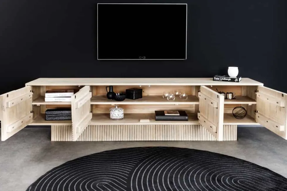 Massivholz TV-Lowboard ART DECO 200cm weiß gekälkt Mangoholz 3D-Front