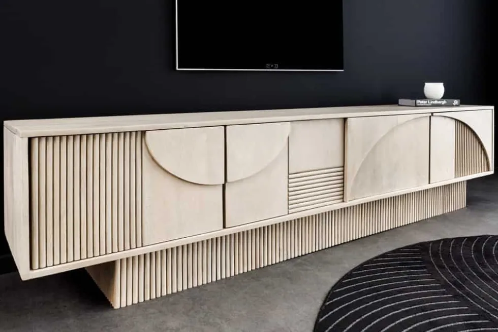 Massivholz TV-Lowboard ART DECO 200cm weiß gekälkt Mangoholz 3D-Front
