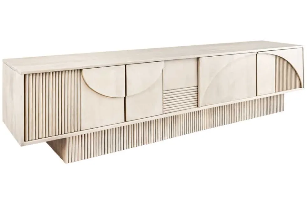 Massivholz TV-Lowboard ART DECO 200cm weiß gekälkt Mangoholz 3D-Front