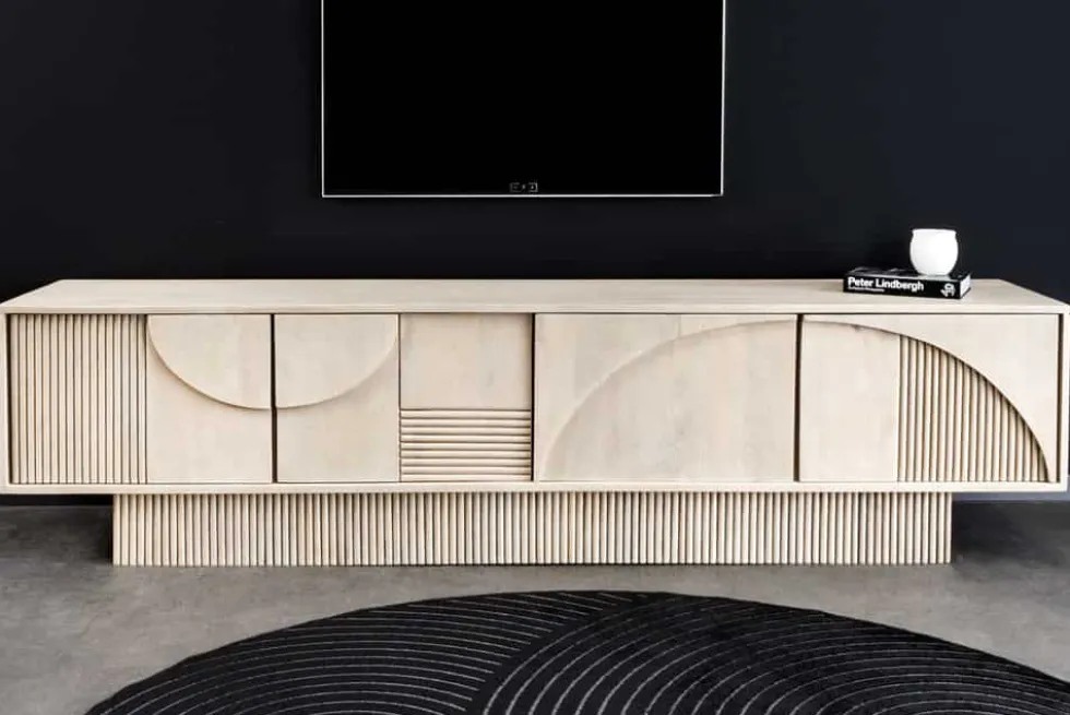 Massivholz TV-Lowboard ART DECO 200cm weiß gekälkt Mangoholz 3D-Front