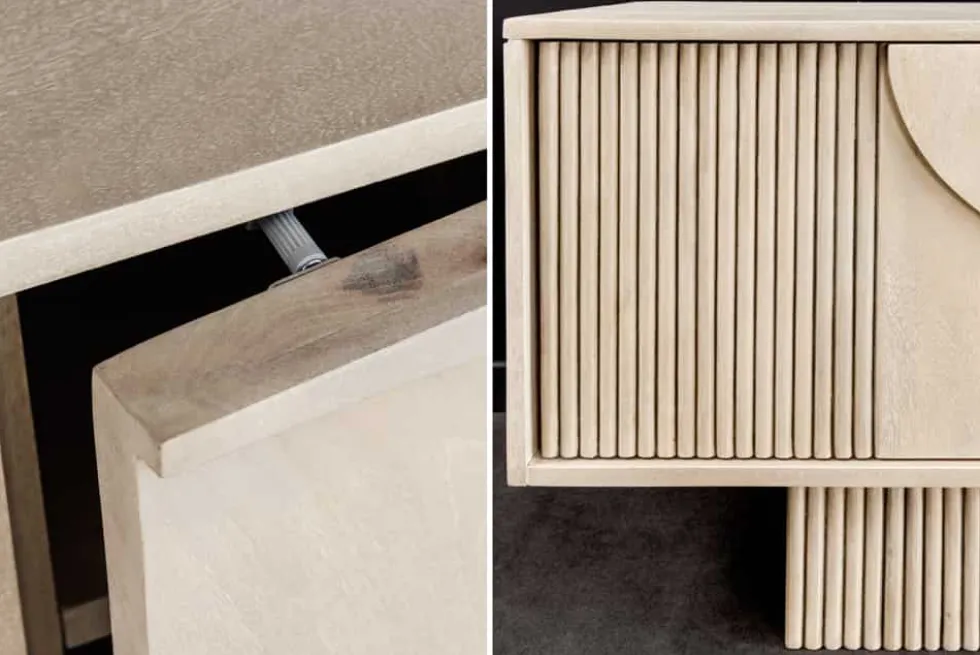 Massivholz TV-Lowboard ART DECO 200cm weiß gekälkt Mangoholz 3D-Front
