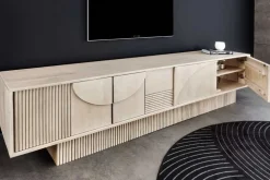 Massivholz TV-Lowboard ART DECO 200cm weiß gekälkt Mangoholz 3D-Front