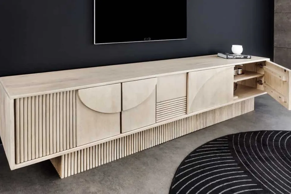 Massivholz TV-Lowboard ART DECO 200cm weiß gekälkt Mangoholz 3D-Front
