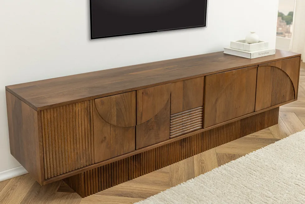 Massivholz TV-Lowboard ART DECO 200cm braun smoked Mangoholz 3D-Front