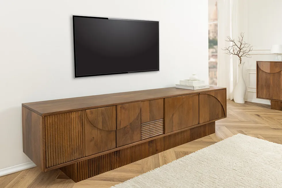 Massivholz TV-Lowboard ART DECO 200cm braun smoked Mangoholz 3D-Front