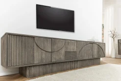 Massivholz TV-Lowboard ART DECO 200cm grau smoked Mangoholz 3D-Front