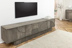 Massivholz TV-Lowboard ART DECO 200cm grau smoked Mangoholz 3D-Front