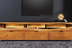 Massivholz TV-Lowboard GRAND ACACIA 180cm braun Akazie mit LED-Beleuchtung Baumkante