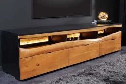 Massivholz TV-Lowboard GRAND ACACIA 180cm braun Akazie mit LED-Beleuchtung Baumkante