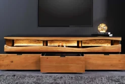 Massivholz TV-Lowboard GRAND ACACIA 180cm braun Akazie mit LED-Beleuchtung Baumkante