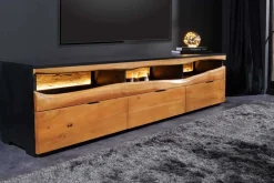 Massivholz TV-Lowboard GRAND ACACIA 180cm braun Akazie mit LED-Beleuchtung Baumkante