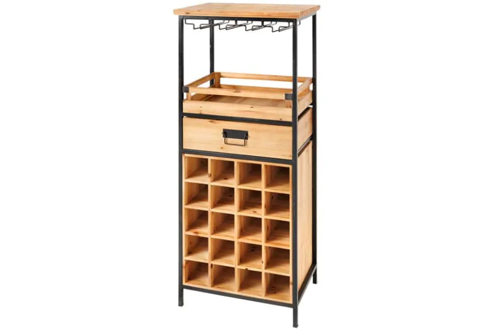 Massivholz Weinregal SEVENS SEAS 120cm natur Pinienholz schwarz Metall Flaschenregal