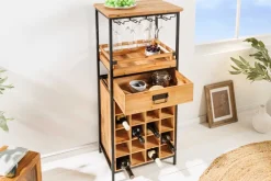 Massivholz Weinregal SEVENS SEAS 120cm natur Pinienholz schwarz Metall Flaschenregal