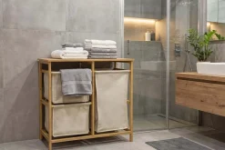 Massivholz Wäschekorb LAGOON SPA 70cm natur beige Bambus drei Wäschebeutel waschbar