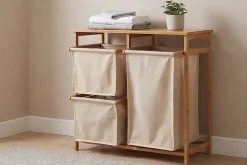 Massivholz Wäschekorb LAGOON SPA 70cm natur beige Bambus drei Wäschebeutel waschbar
